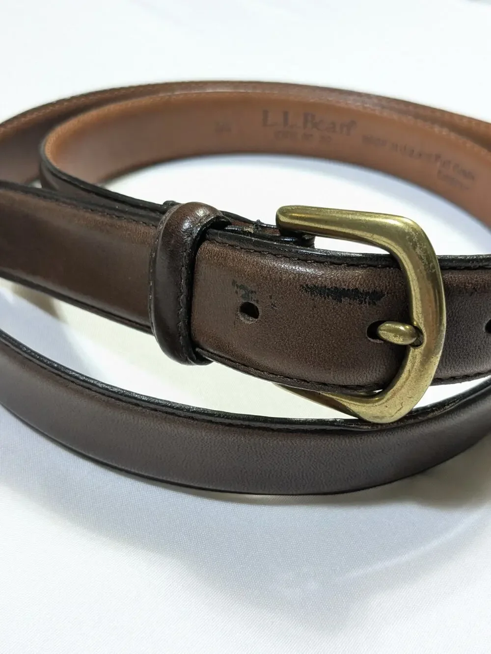 Ll Bean Sz 44 Belt Ork 9032 Brown Leather Solid Brass Buckle Made In Usa